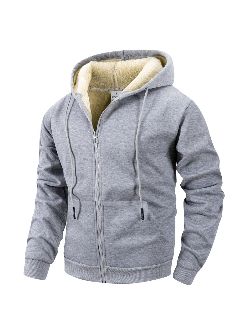 Mens zip up hoodie with sherpa lining in Gray, front view, sherpa lined hood