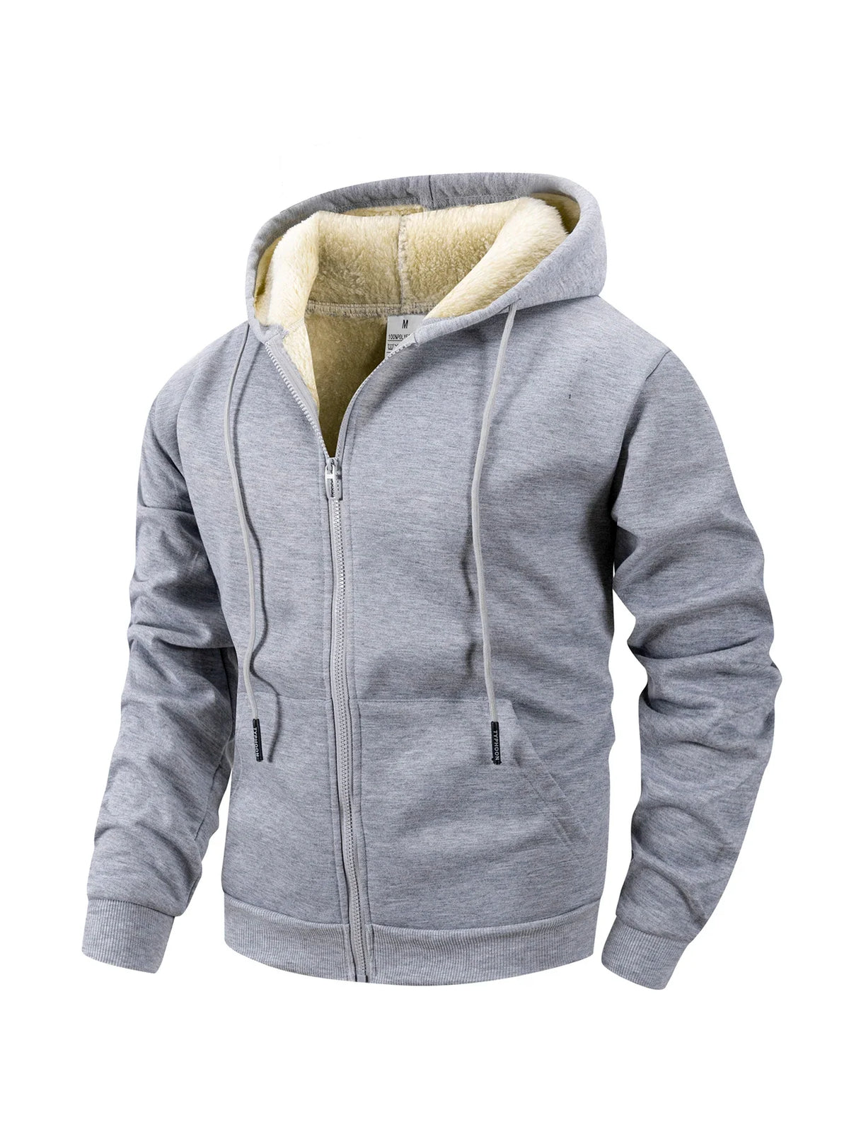 Mens zip up hoodie with sherpa lining in Gray, front view, sherpa lined hood