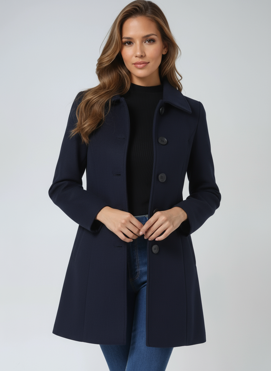 Womens A-line coat in Navy, front view