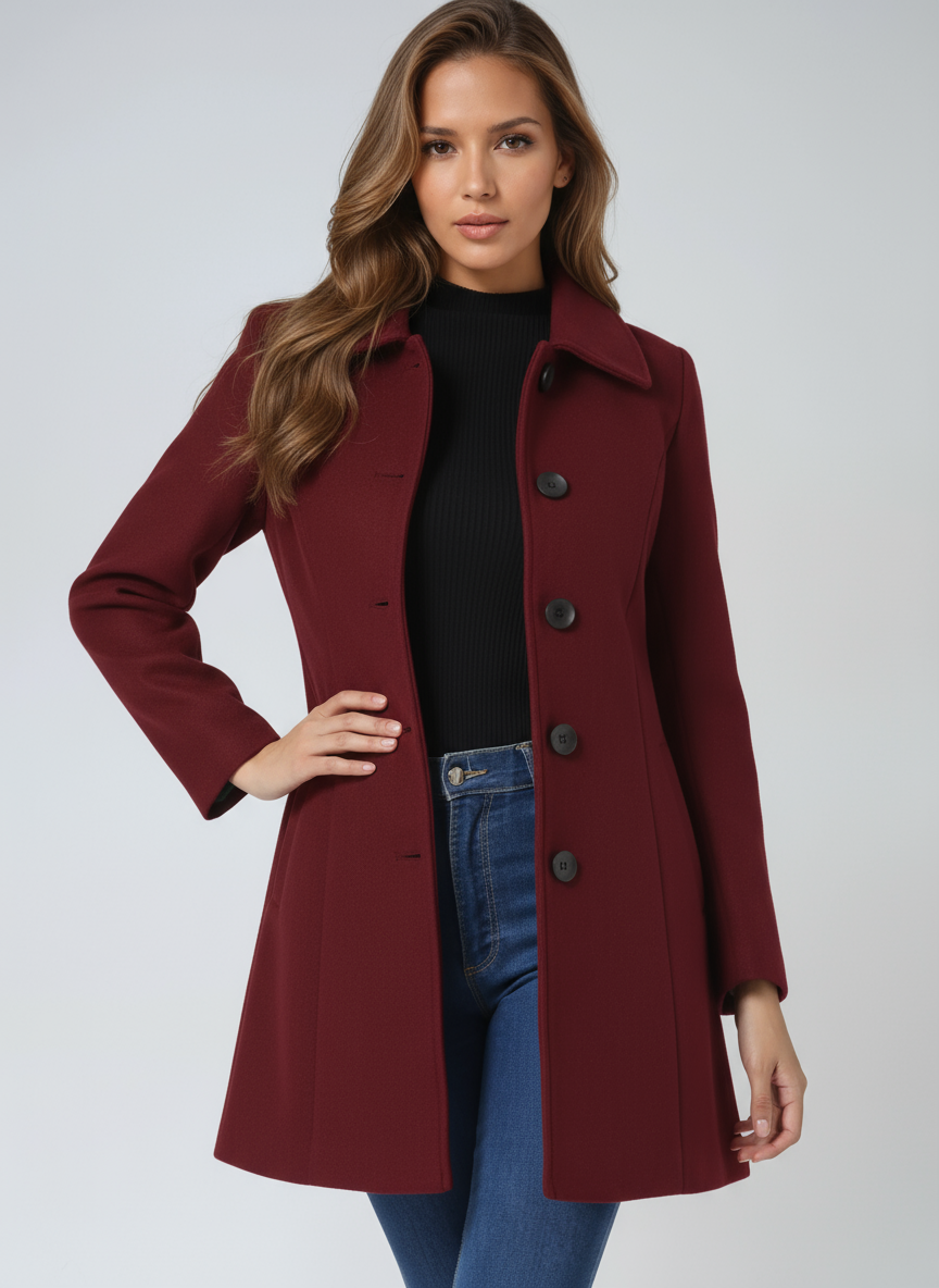 Womens A-line coat in Burgundy, front view