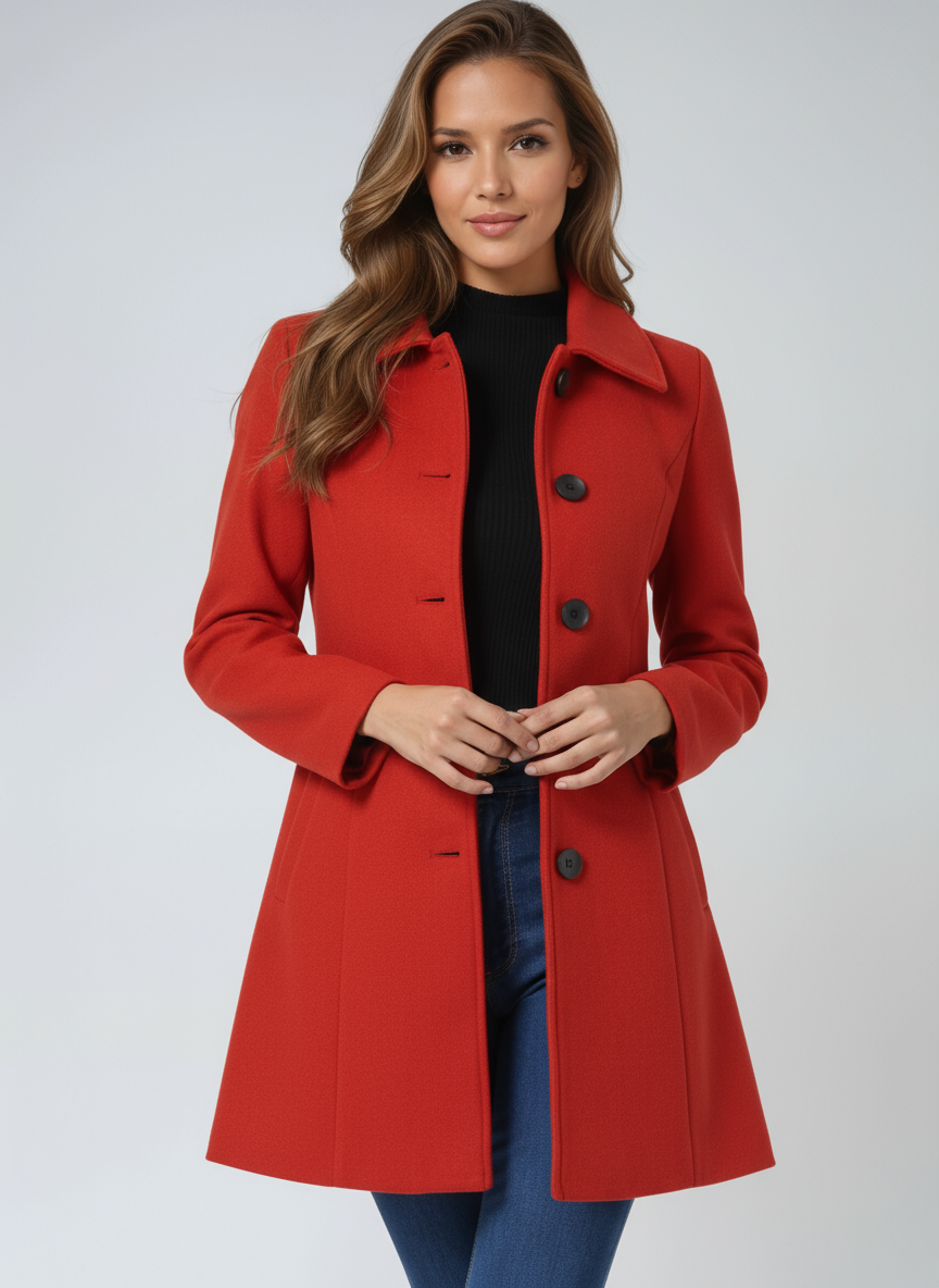 Womens A-line coat in Red, front view