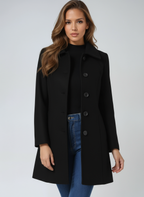 Womens A-line coat in Black, front view with wide collar
