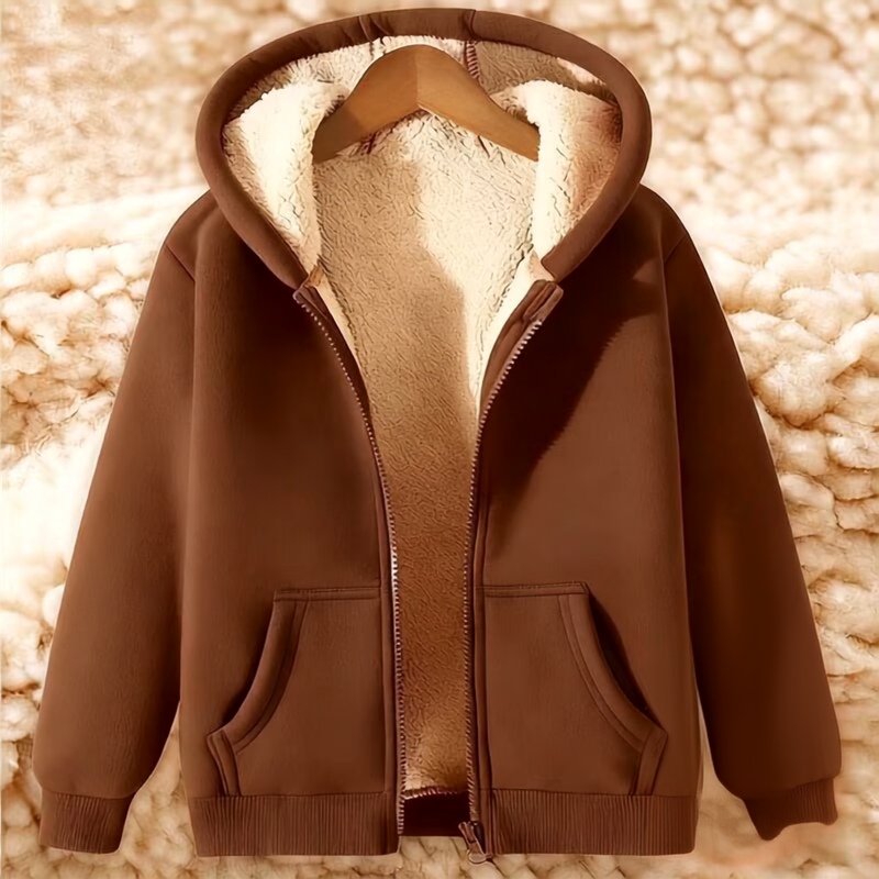 Mens zip up hoodie with sherpa lining in Brown, laid open on a hanger, sherpa lining through the body
