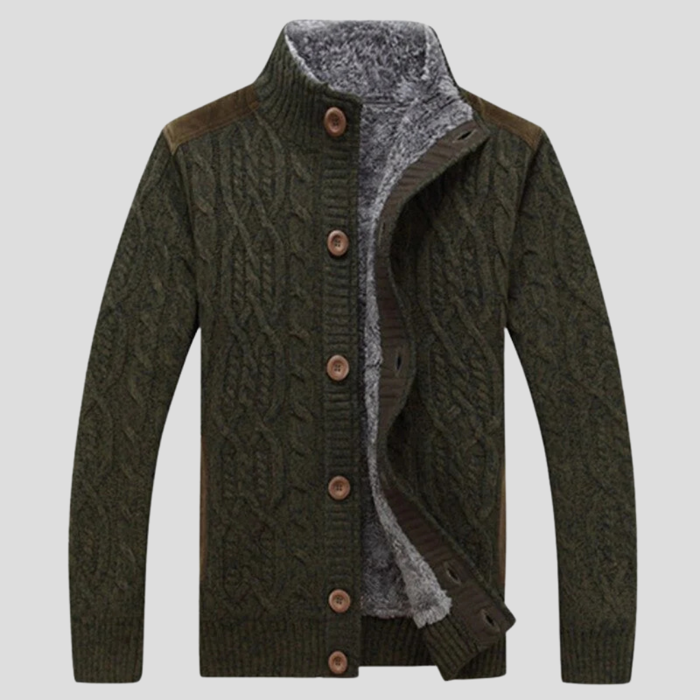Green fleece Lined Cable Knit Cardigan for Men