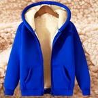 Mens zip up hoodie with sherpa lining in Blue, laid open on a hanger, sherpa lining through the body