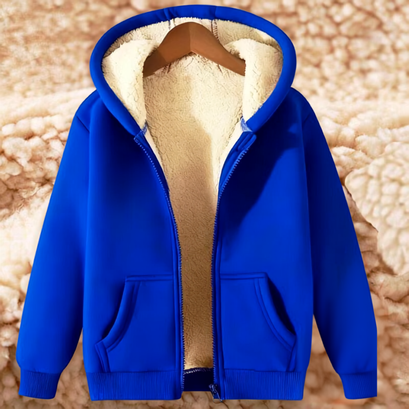 Mens zip up hoodie with sherpa lining in Blue, laid open on a hanger, sherpa lining through the body