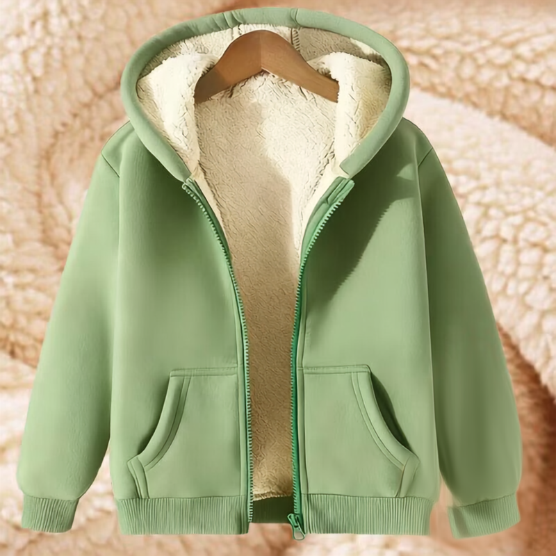 Mens zip up hoodie with sherpa lining in Sage, laid open on a hanger, sherpa lining through the body