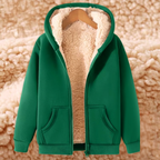 Mens zip up hoodie with sherpa lining in Green, laid open on a hanger, sherpa lining through the body