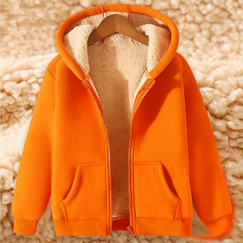Mens zip up hoodie with sherpa lining in Orange, laid open on a hanger, sherpa lining through the body