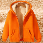 Mens zip up hoodie with sherpa lining in Orange, laid open on a hanger, sherpa lining through the body