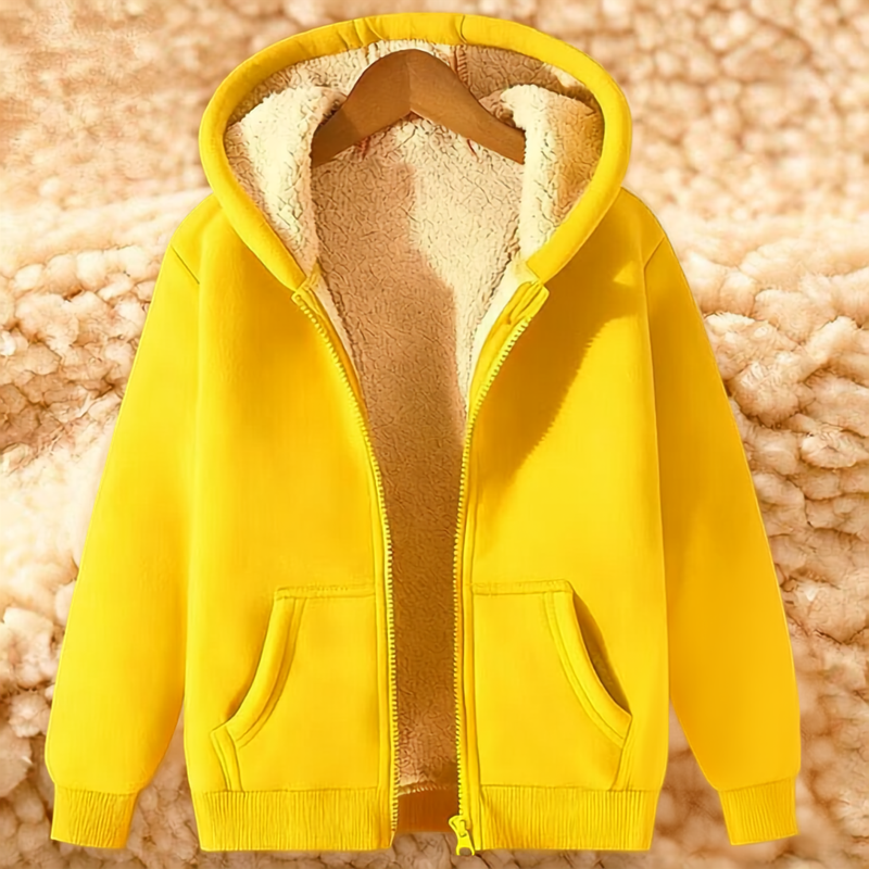 Mens zip up hoodie with sherpa lining in Yellow, laid open on a hanger, sherpa lining through the body