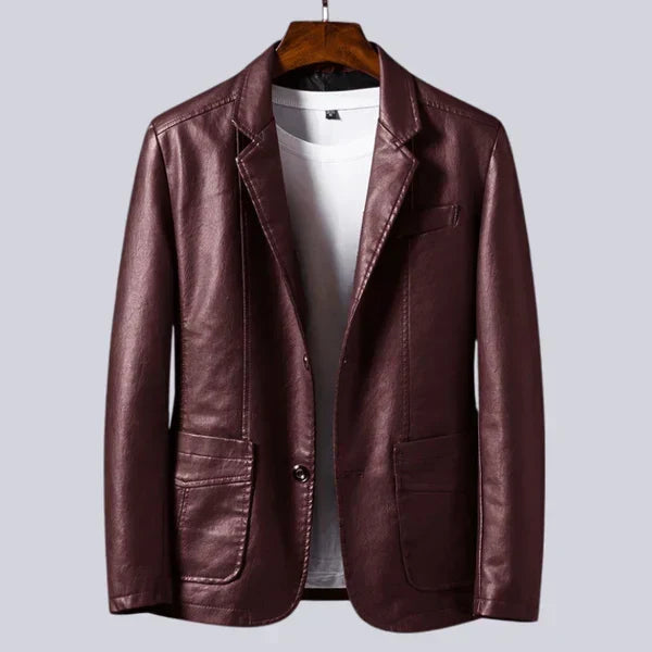 Notch Lapel Leather Blazer with Patch Pockets