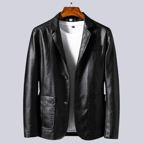 Notch Lapel Leather Blazer with Patch Pockets