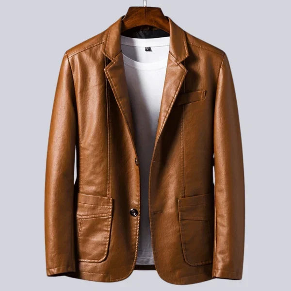 Notch Lapel Leather Blazer with Patch Pockets