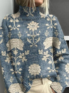 Womens turtleneck sweater in Light Blue with cream floral print