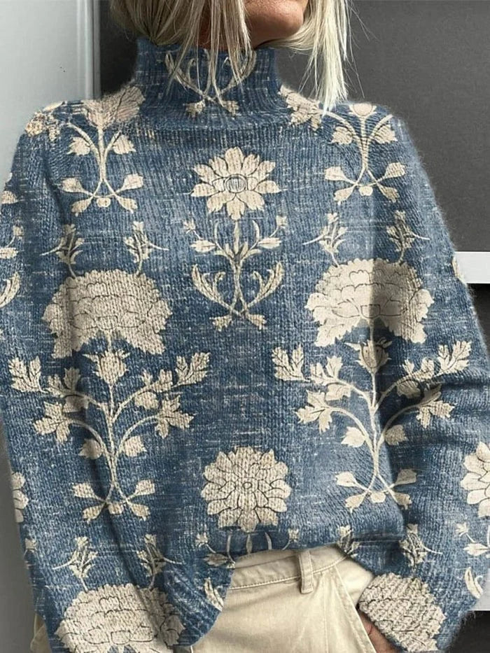 Womens turtleneck sweater in Light Blue with cream floral print