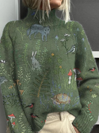 Womens turtleneck sweater in Green with woodland animal print