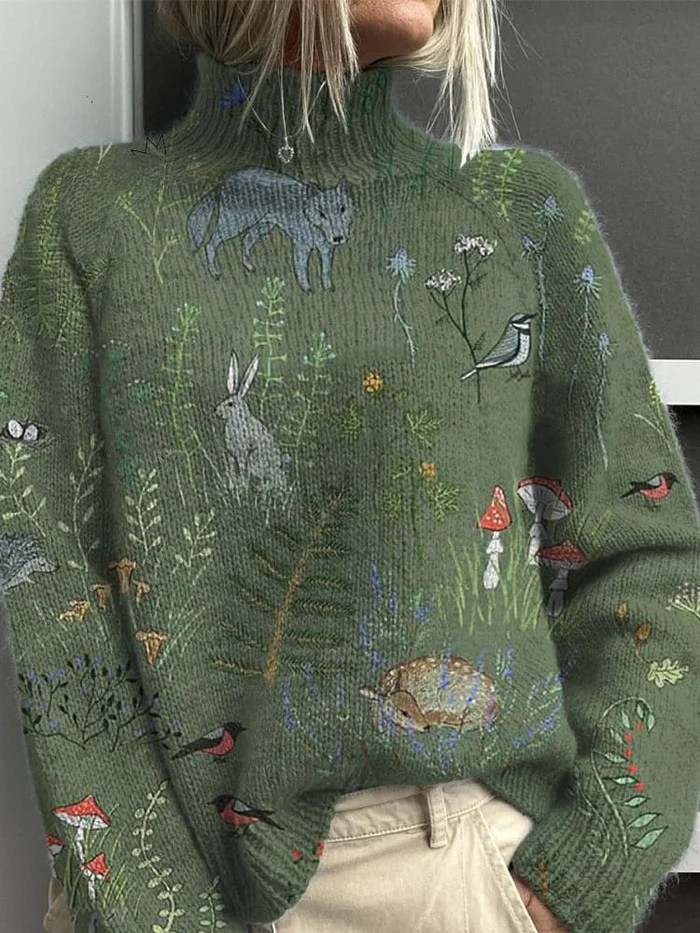 Womens turtleneck sweater in Green with woodland animal print