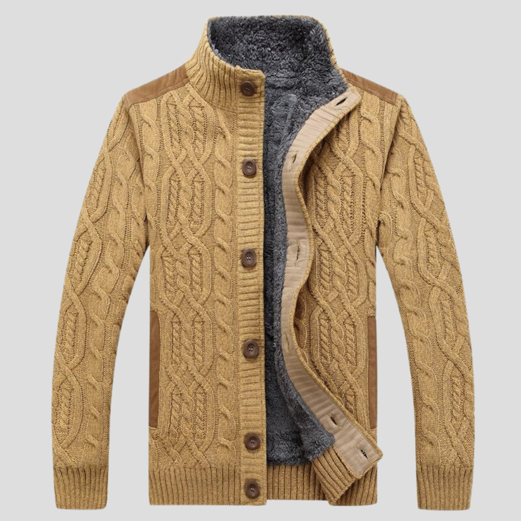 Beige fleece Lined Cable Knit Cardigan for Men