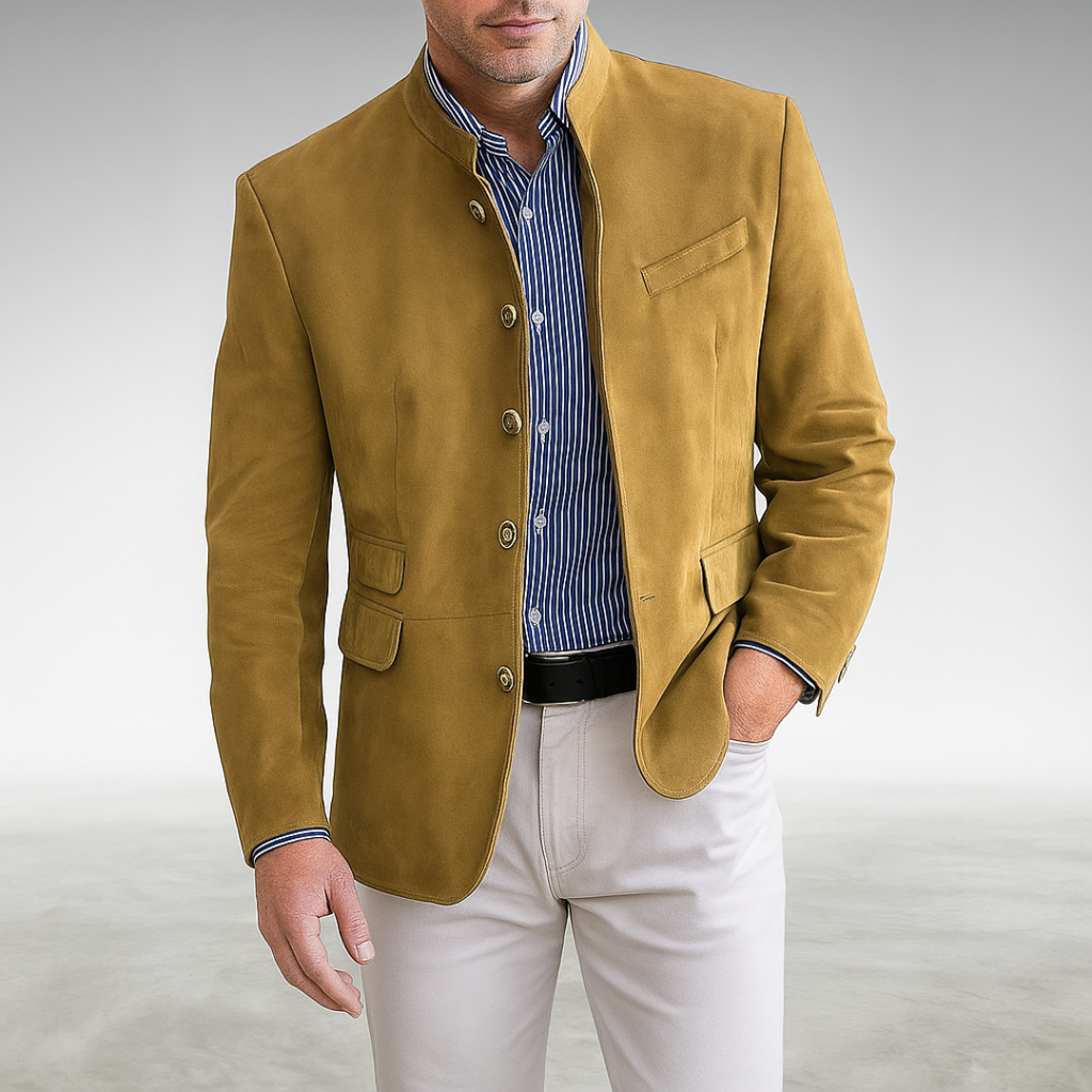 Mens suede jacket in Yellow, worn over a striped shirt