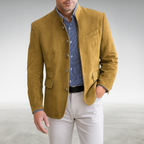 Mens suede jacket in Yellow, worn over a striped shirt