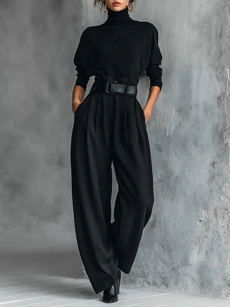 Womens two-piece set in Black, turtleneck top, belt and wide-leg pants