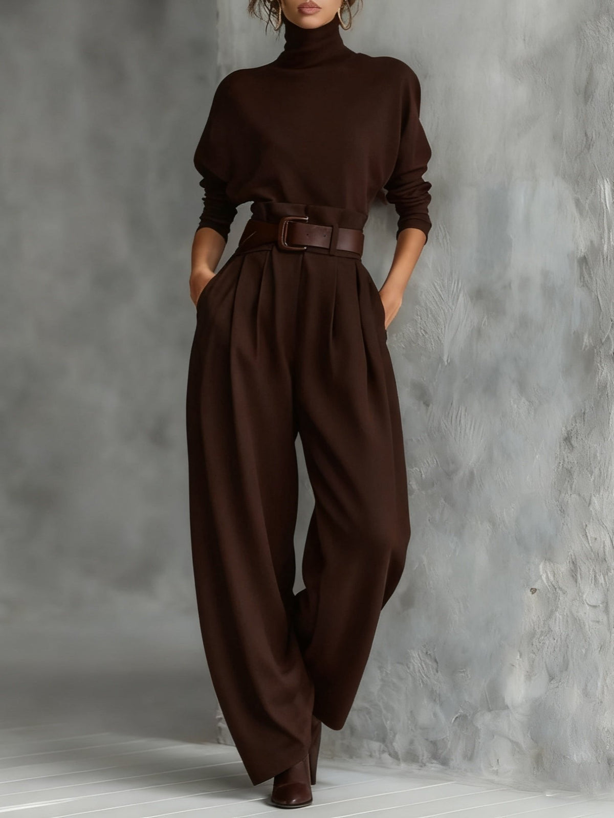 Womens two-piece set in Brown, front view with belt