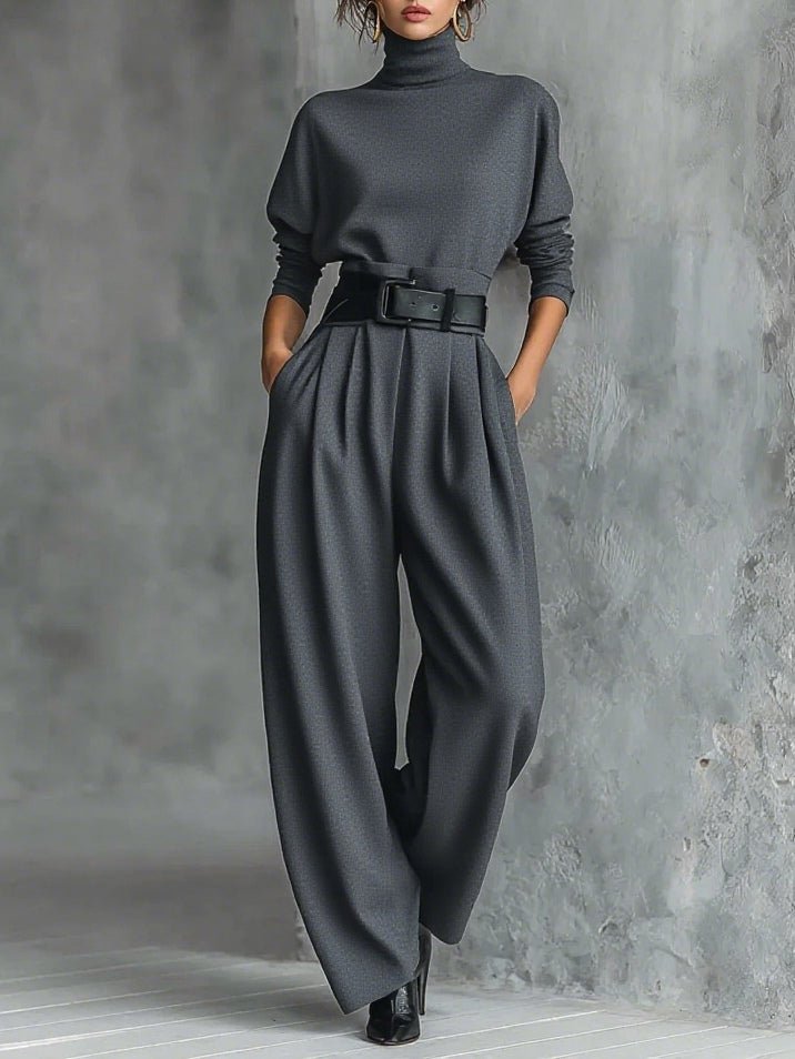 Womens two-piece set in Charcoal, front view with belt