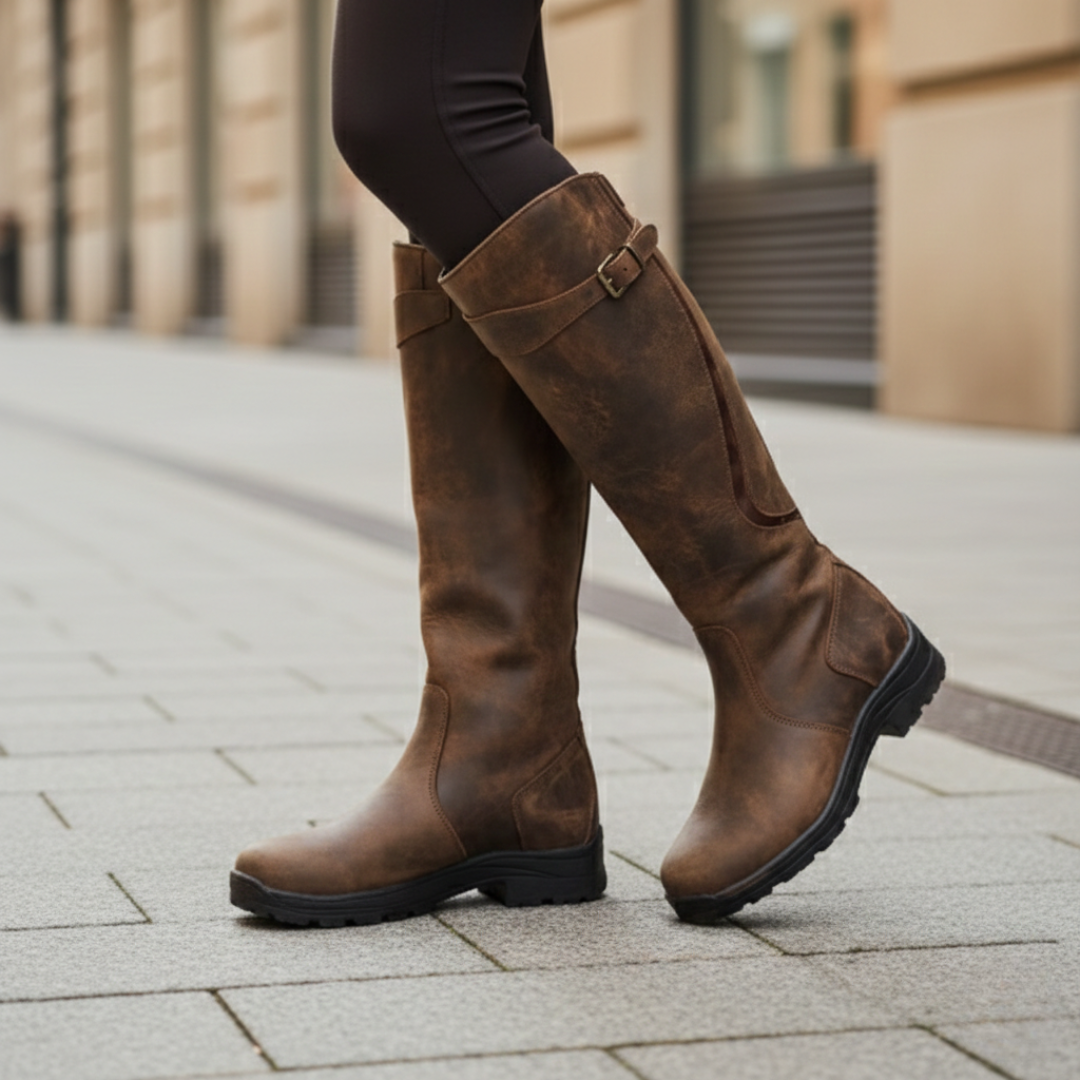 Womens knee high boots in Brown, side view on cobblestones