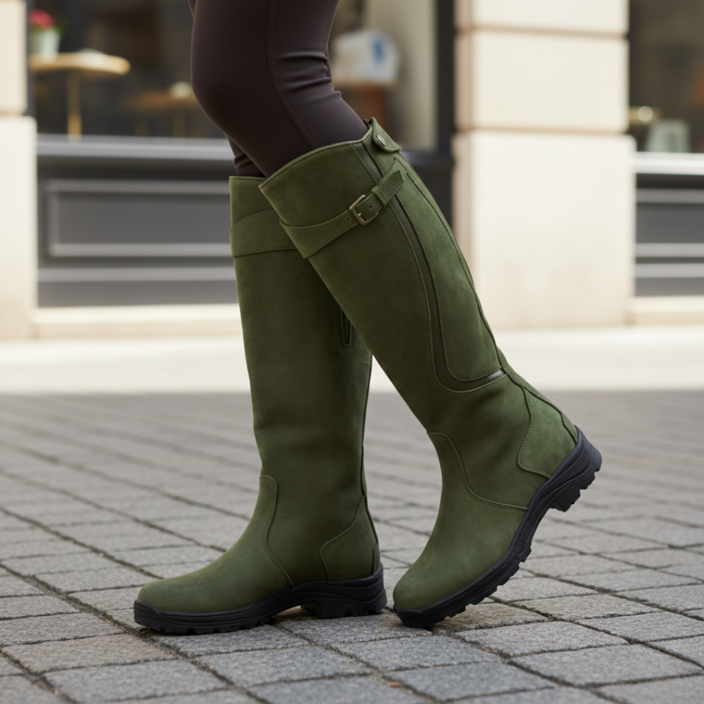 Womens knee high boots in Green with buckle strap, side view