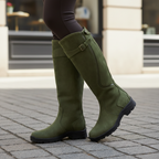 Womens knee high boots in Green with buckle strap, side view