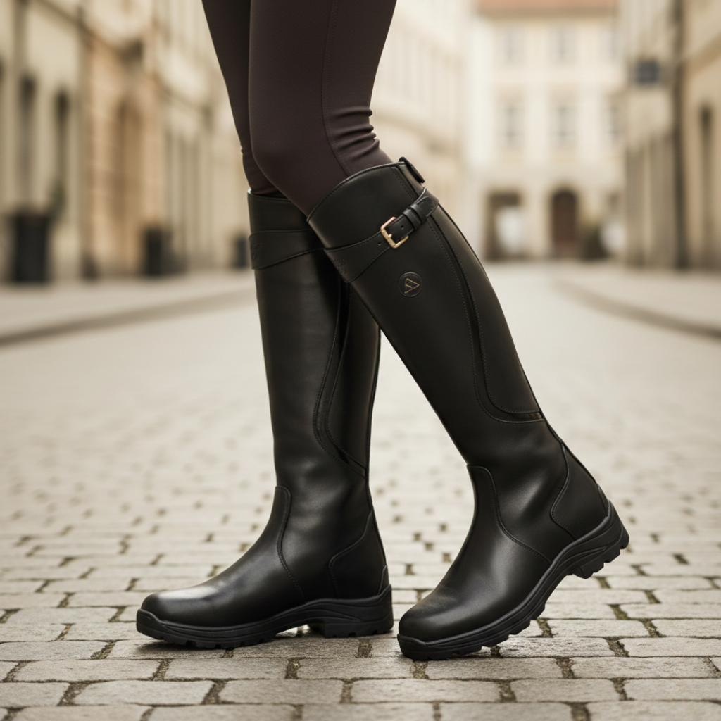 Womens knee high boots in Black, side view
