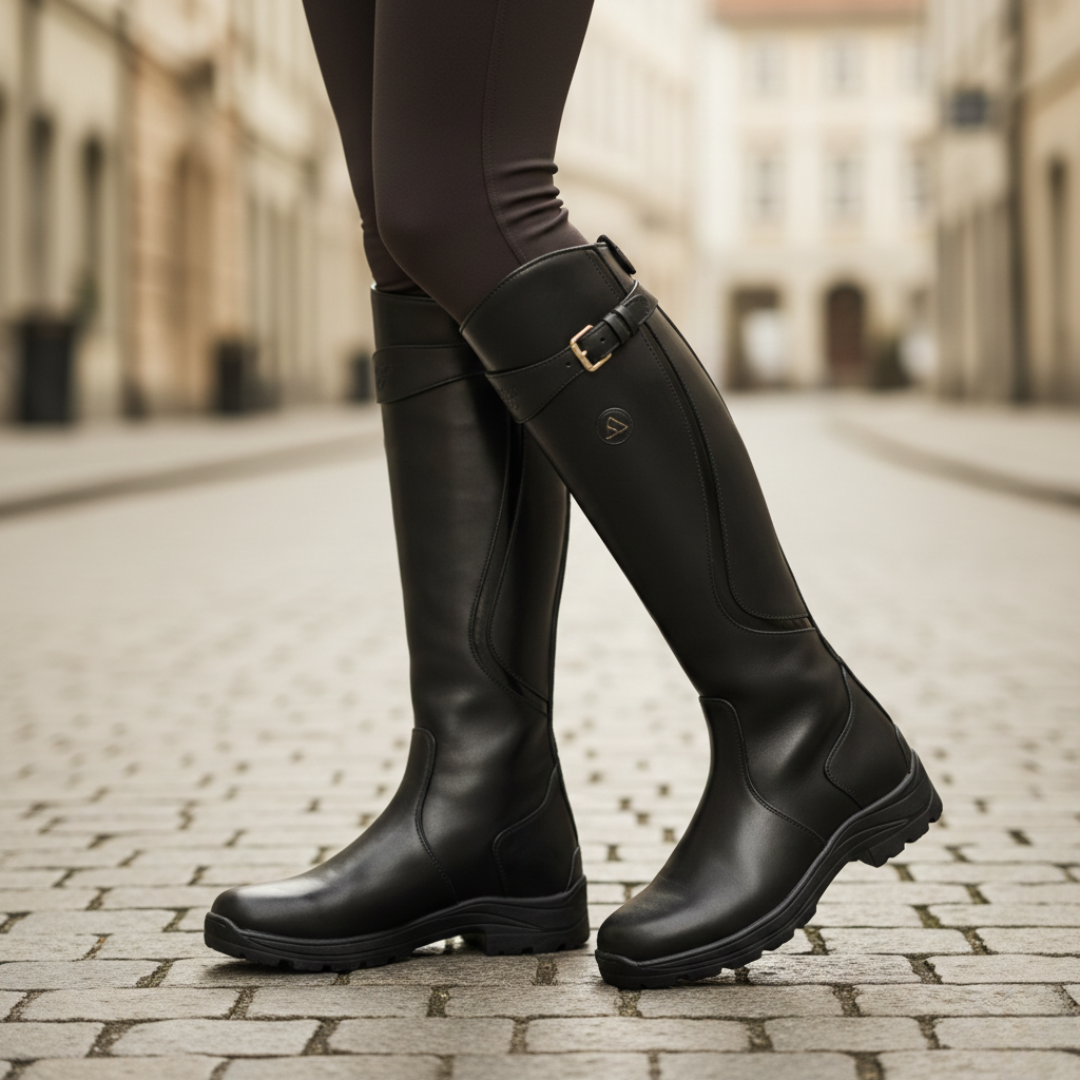 Womens knee high boots in Black, side view