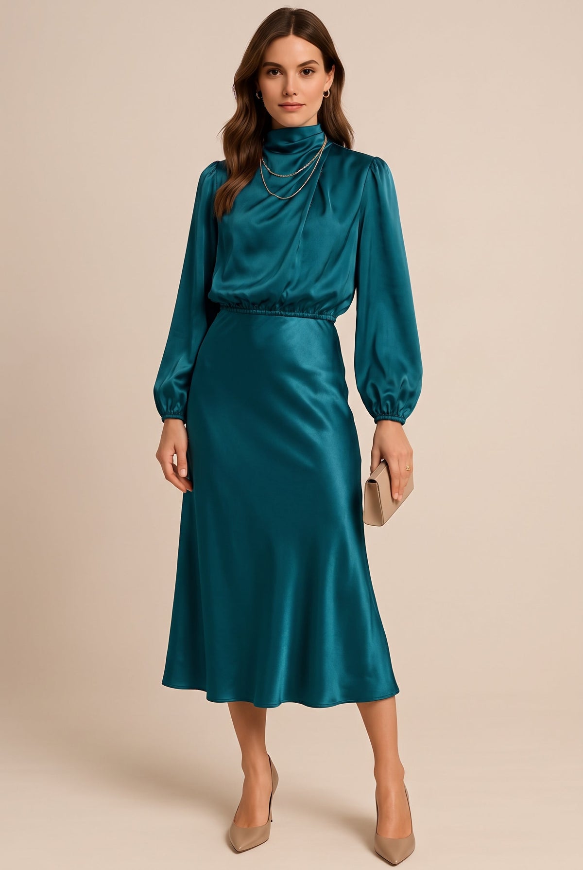 Womens satin midi dress in Teal, front view