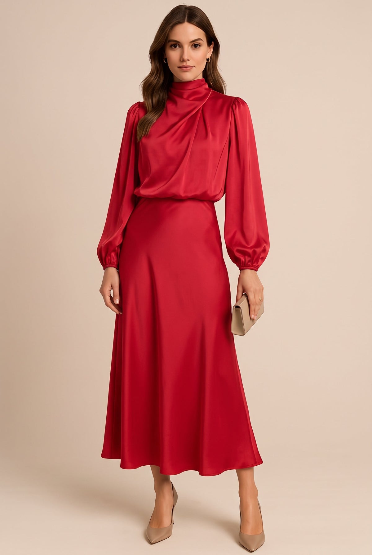 Womens satin midi dress in Red, front view with draped high neck