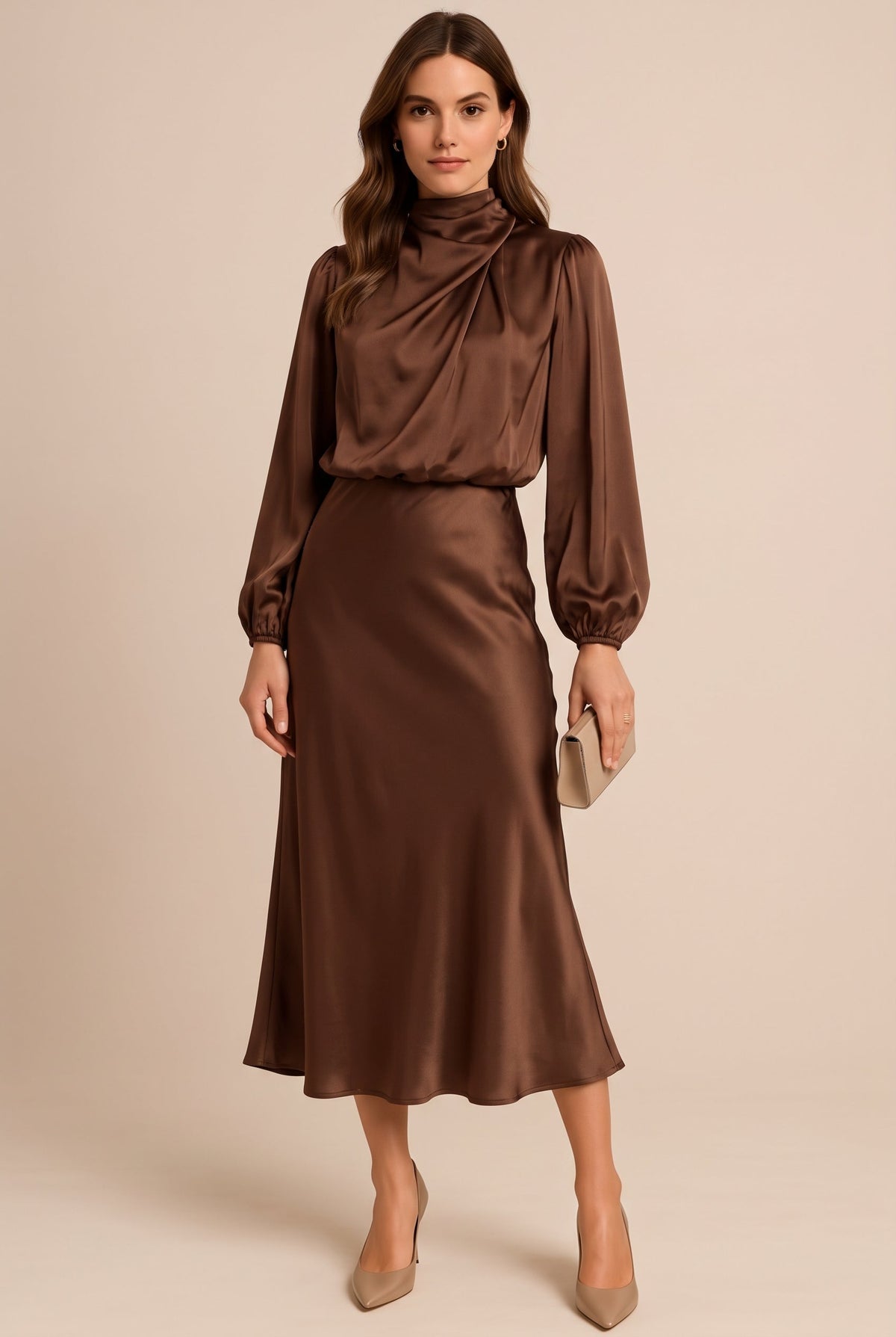 Womens satin midi dress in Brown, front view