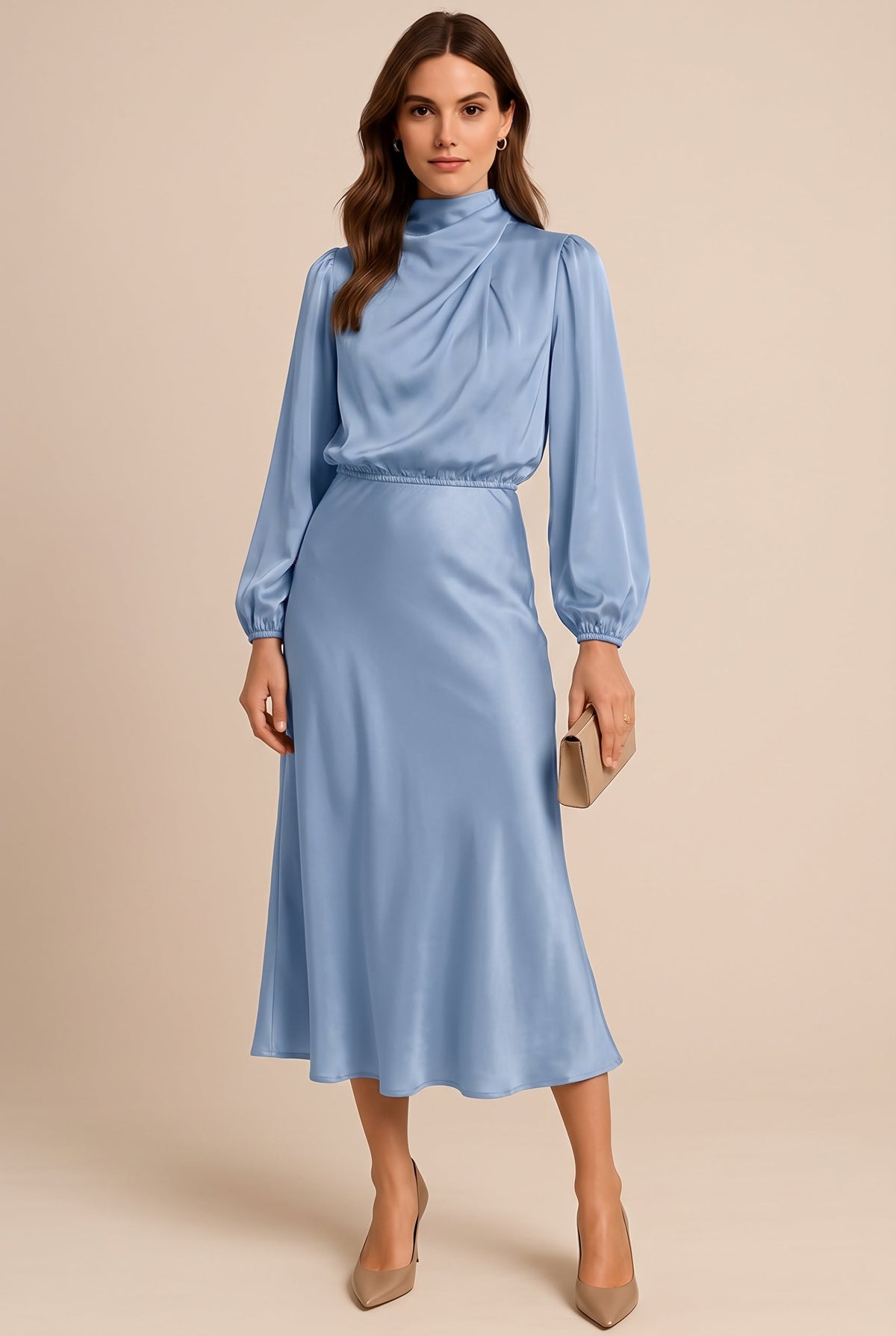 Womens satin midi dress in Light Blue, front view