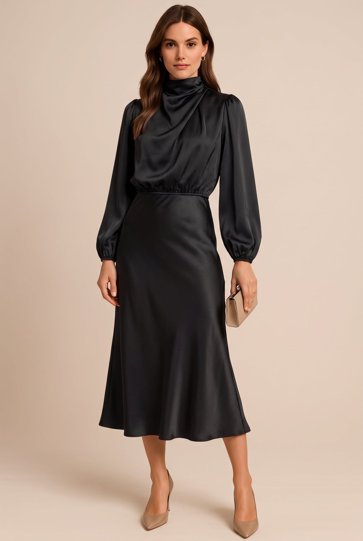 Womens satin midi dress in Black, front view
