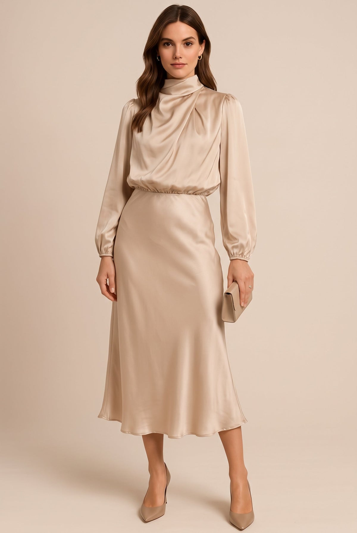 Womens satin midi dress in Beige, front view