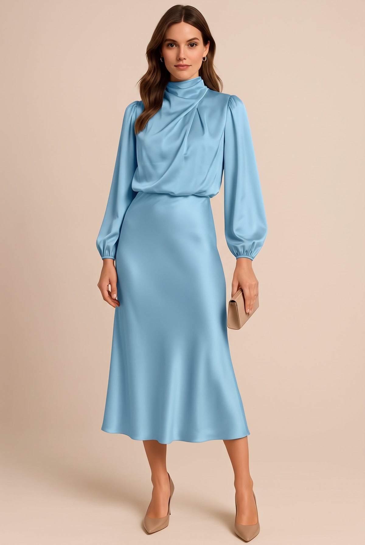 Womens satin midi dress in Sky Blue, front view