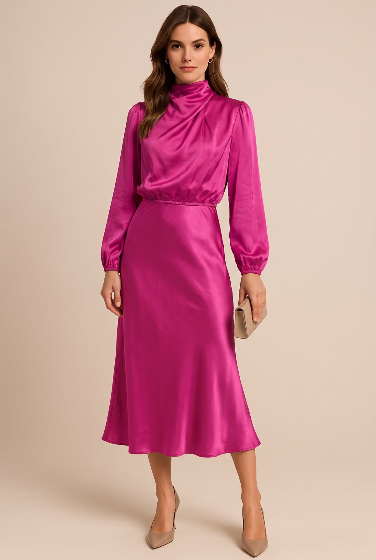 Womens satin midi dress in Hot Pink, front view