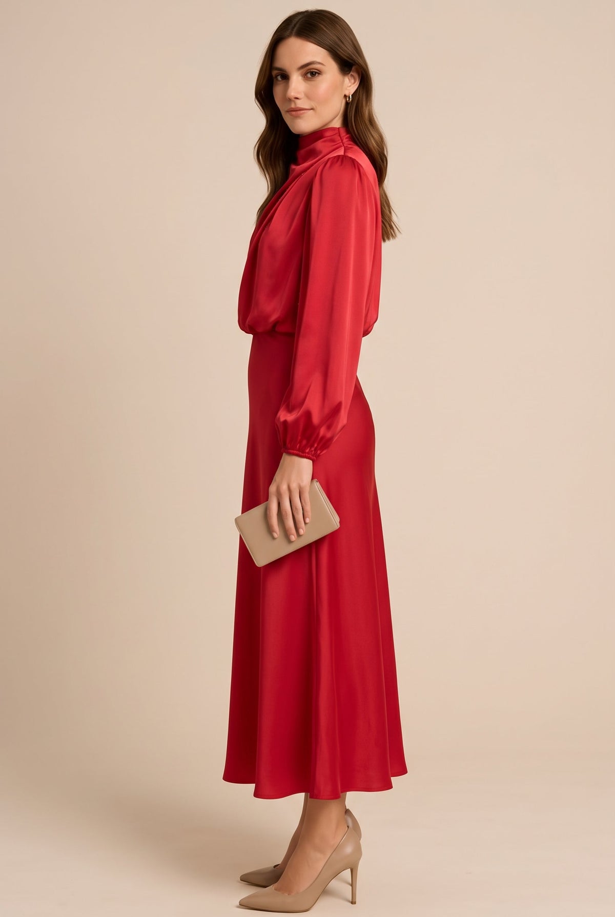 Womens satin midi dress in Red, three-quarter view