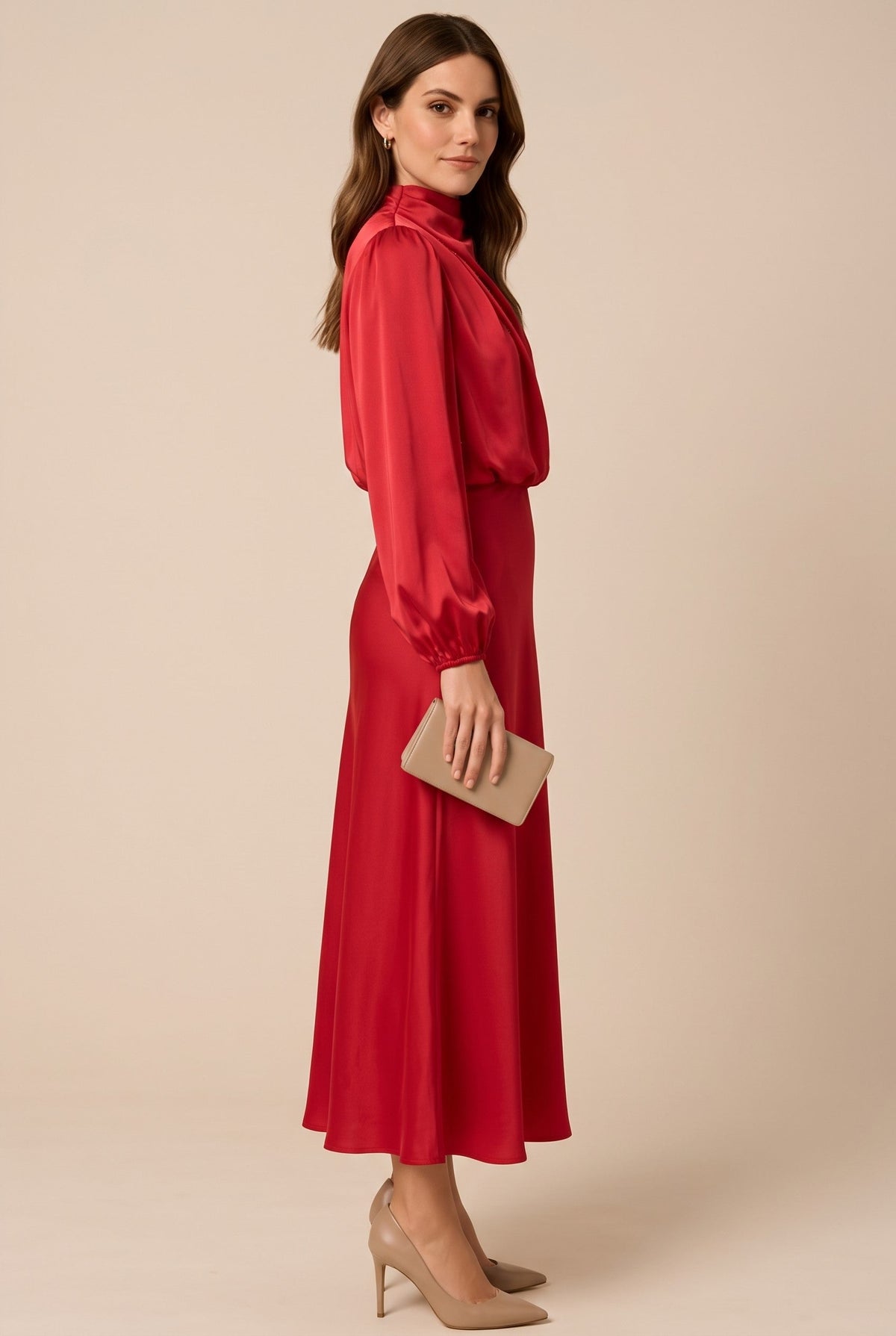 Womens satin midi dress in Red, side view with bishop sleeves