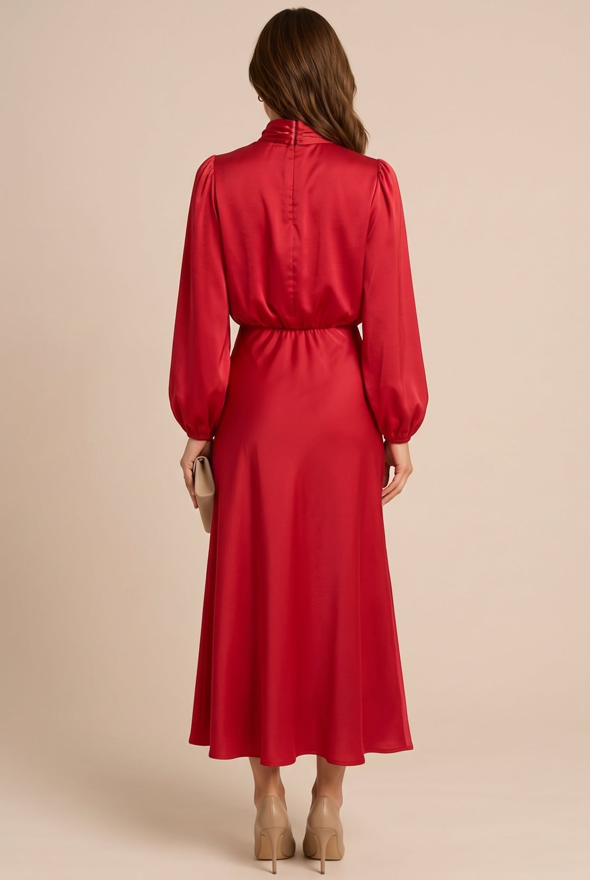 Womens satin midi dress in Red, back view with keyhole neck
