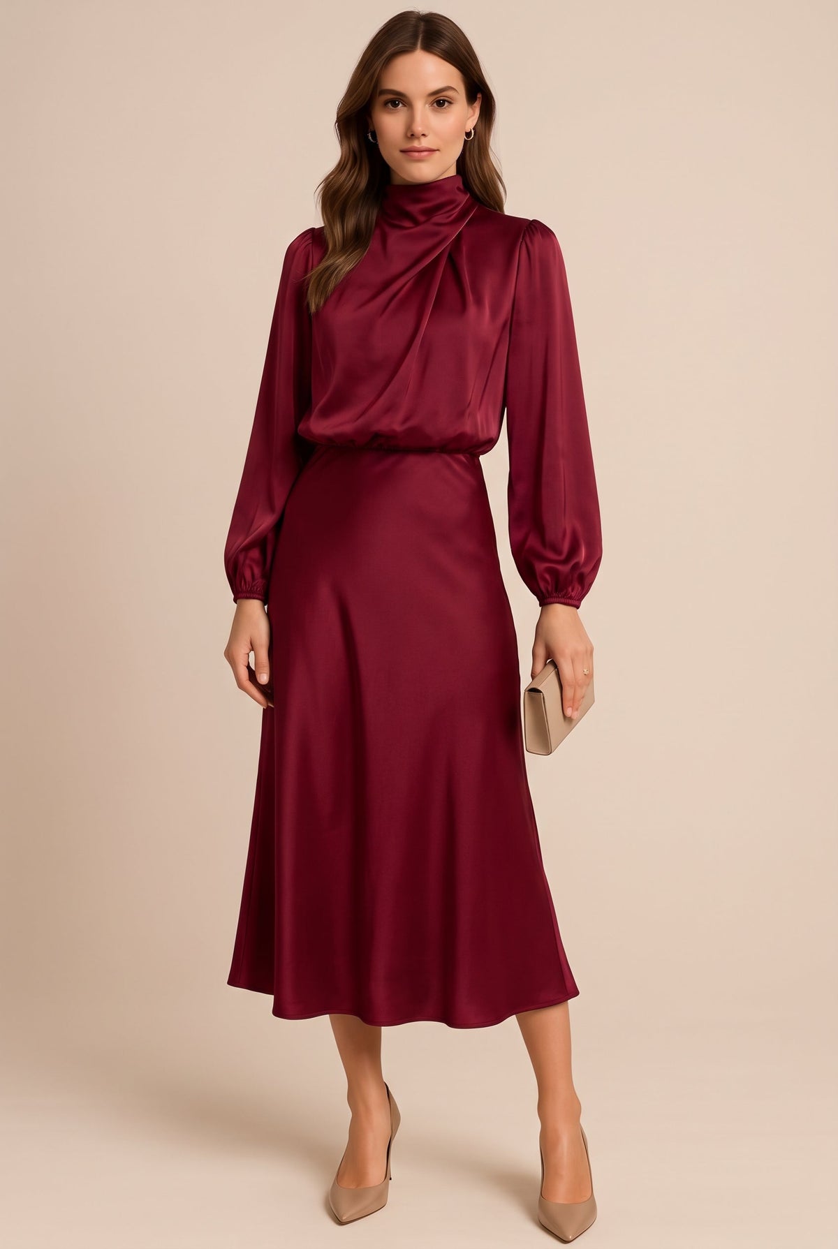 Womens satin midi dress in Burgundy, front view