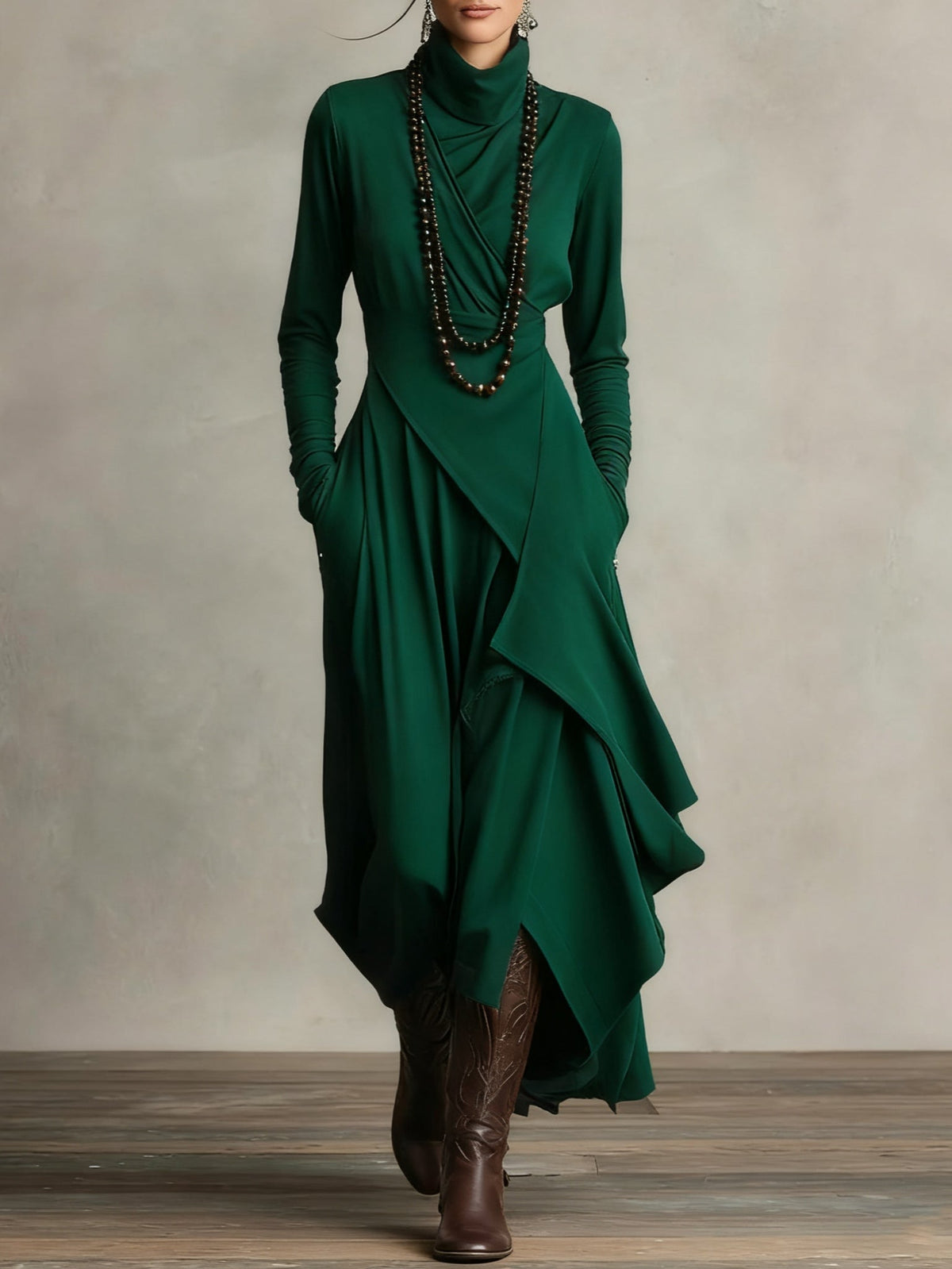 Womens maxi dress in Green, front view with hand in pocket