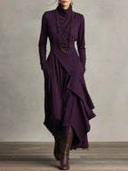 Womens maxi dress in Purple, front view with draped layers