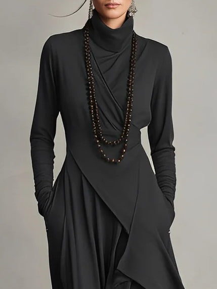Womens maxi dress in Black, close view of draped neckline and bodice