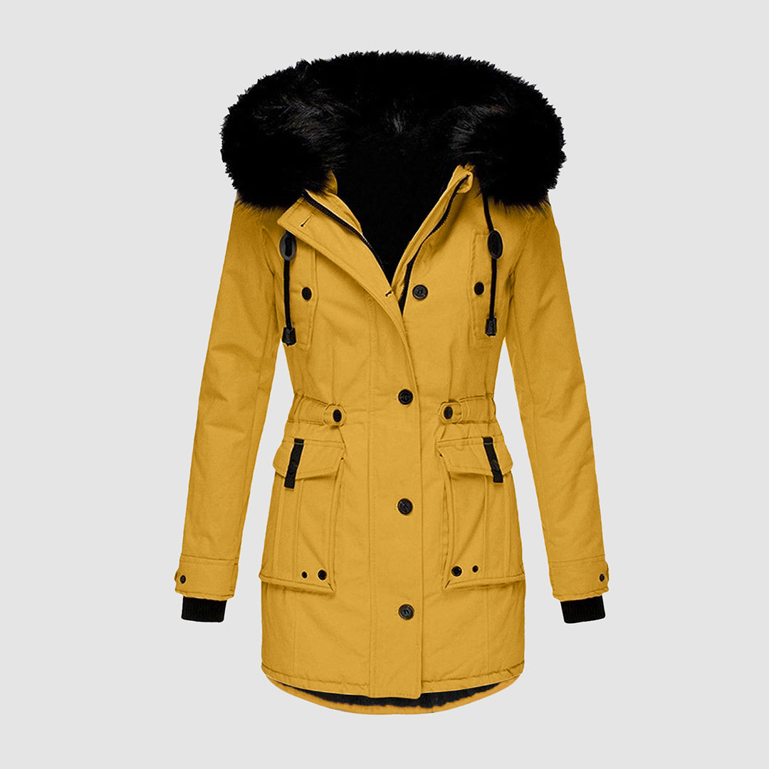 Womens parka with faux fur hood in Yellow, front view, drawstring waist and flap pockets
