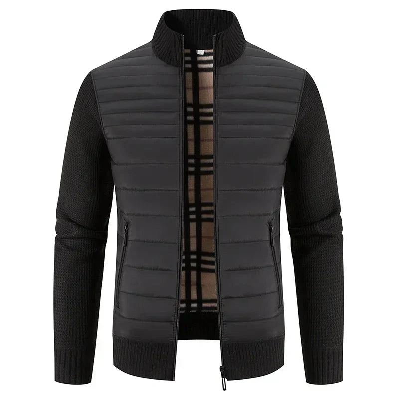 Mens quilted jacket in Black with knit sleeves and check lining, front view
